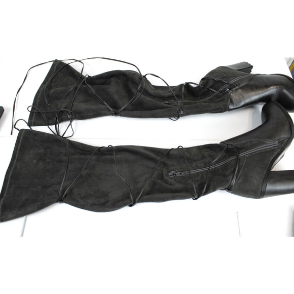 Leila Stone Rayne Suede Lace Up Zip Tall Boots Women 6 Block Heel 3.5" Dark Gray - Picture 14 of 15